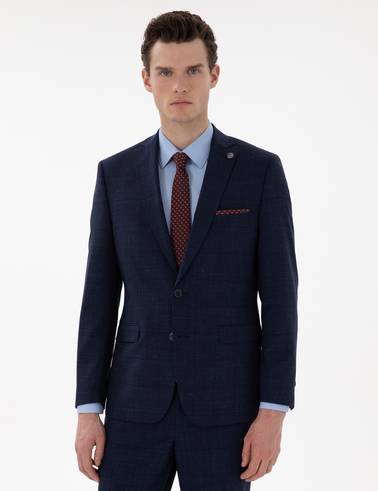 Lacivert Slim Fit Yün Keten Karışımlı Takım Elbise