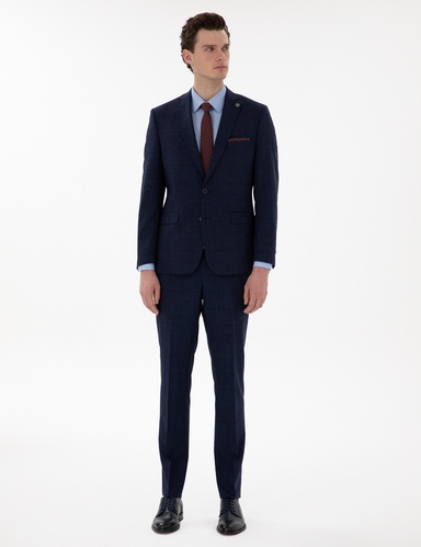 Lacivert Slim Fit Yün Keten Karışımlı Takım Elbise