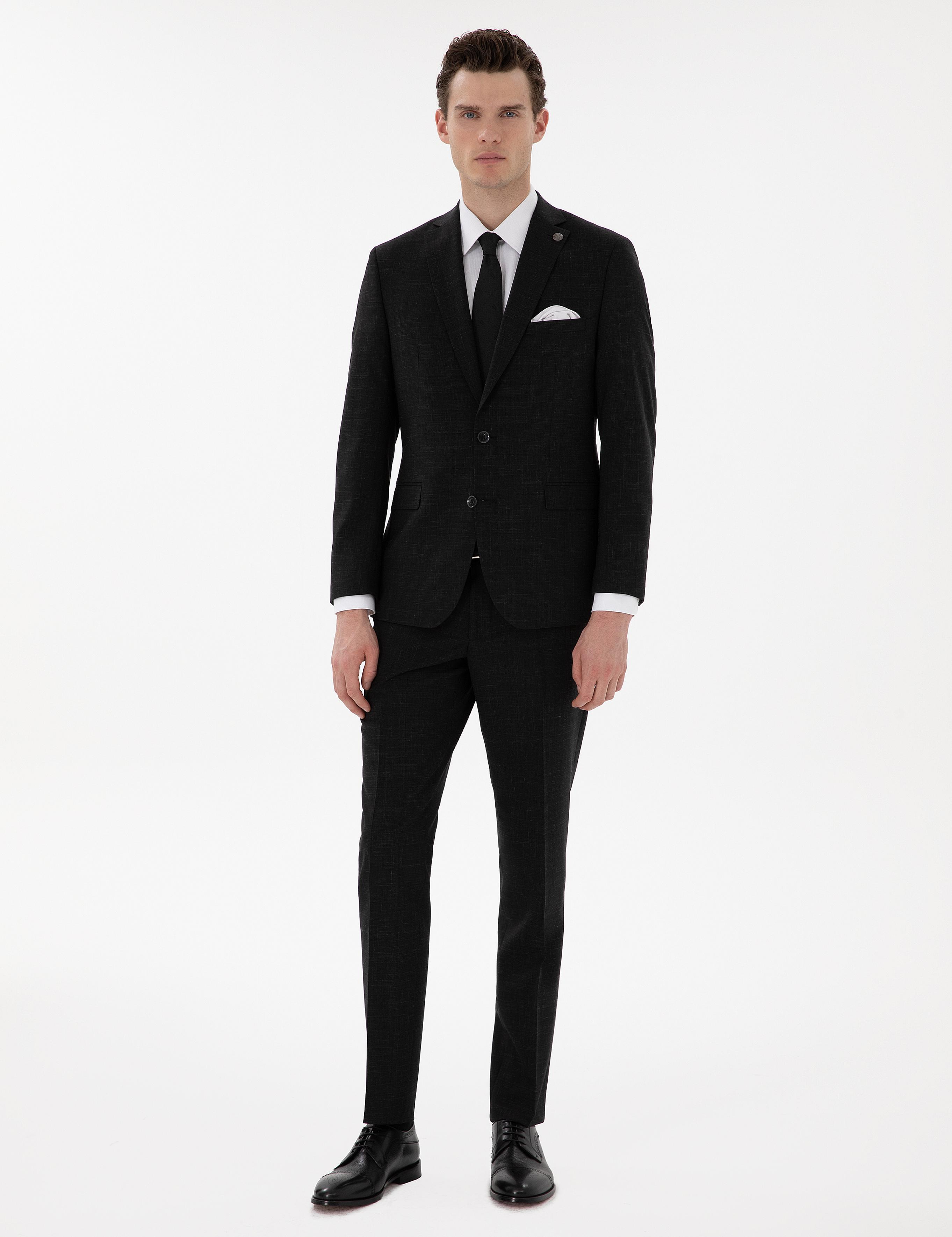 Siyah Slim Fit Yün Keten Karışımlı Takım Elbise