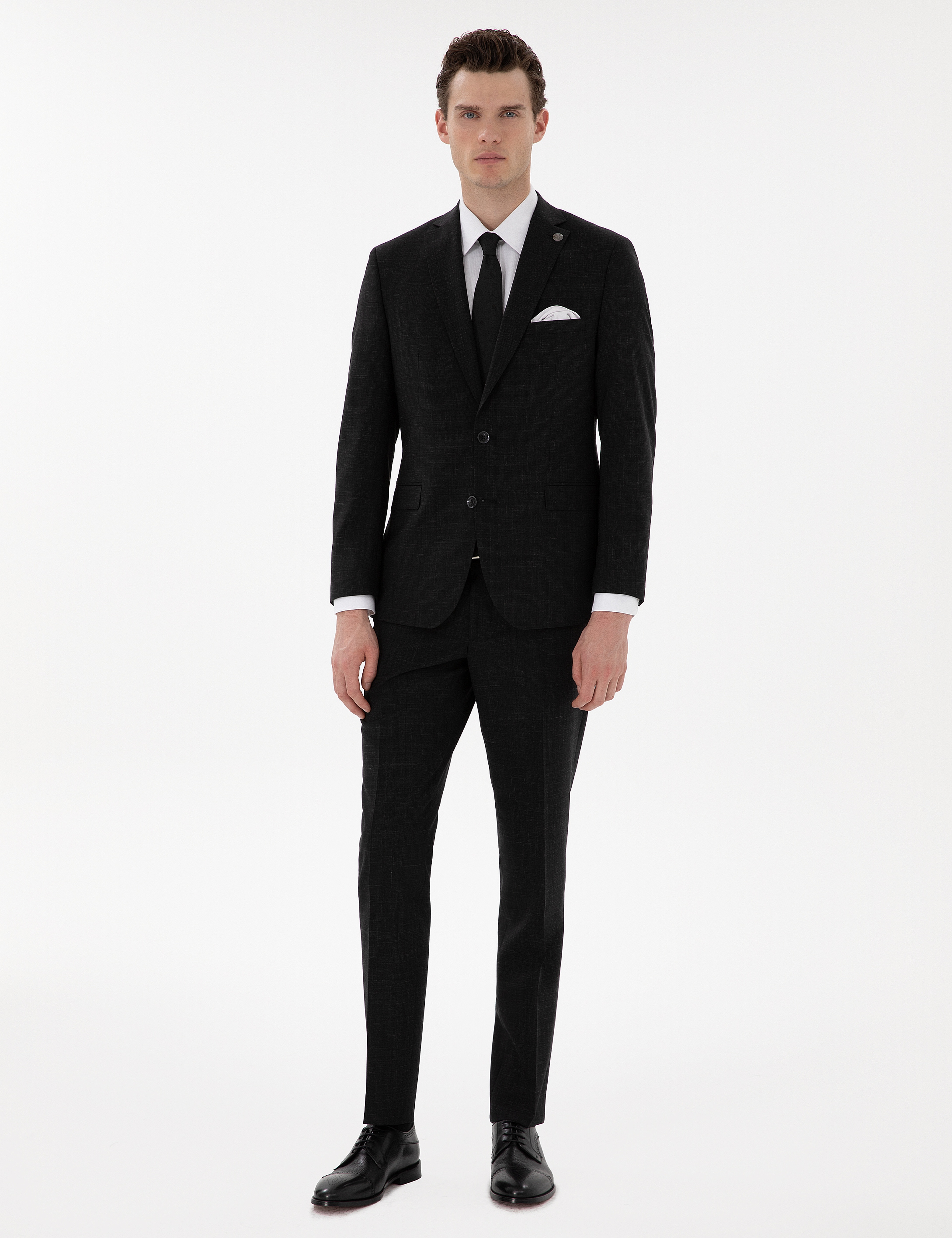 Siyah Slim Fit Yün Keten Karışımlı Takım Elbise - Image 1