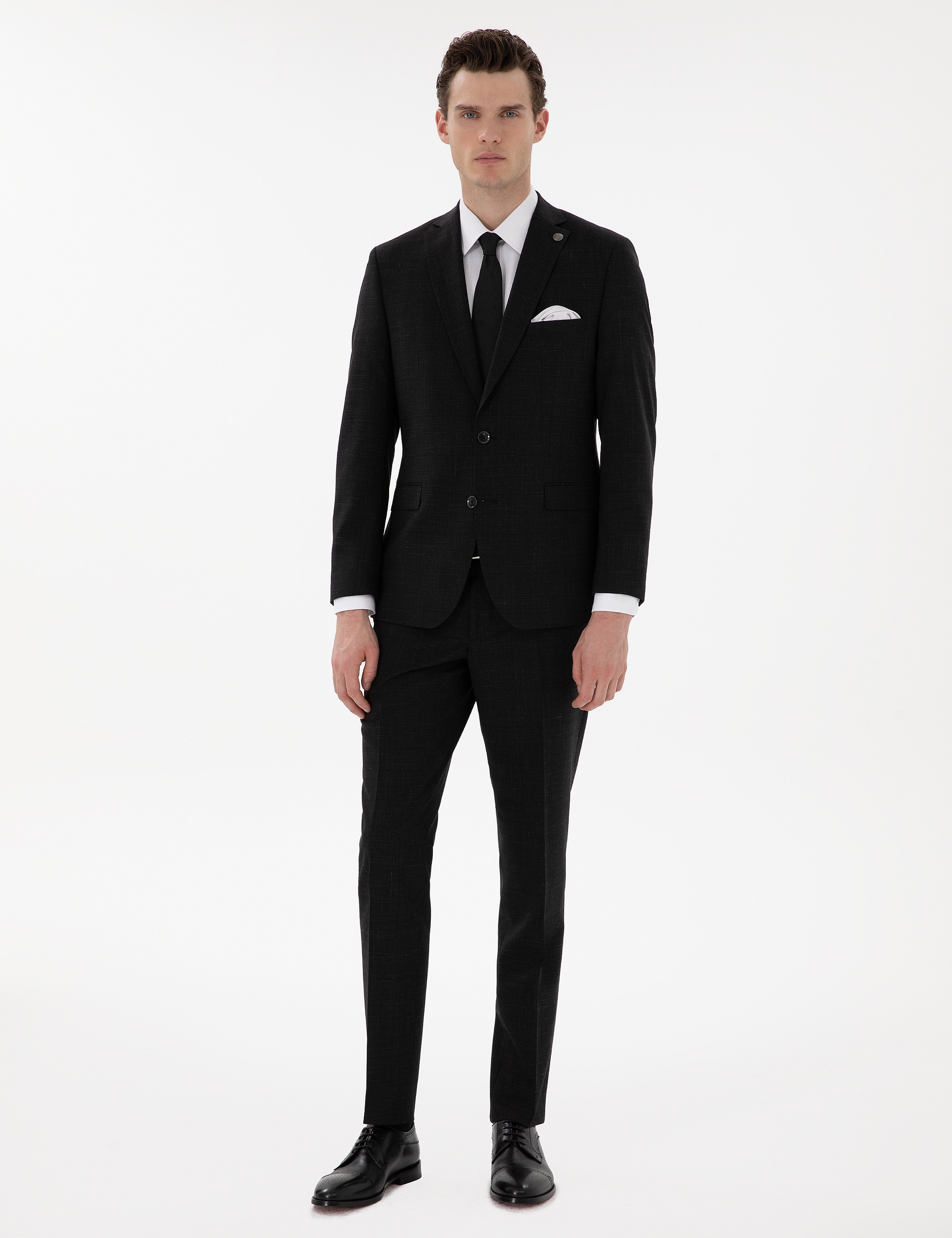 Siyah Slim Fit Yün Keten Karışımlı Takım Elbise