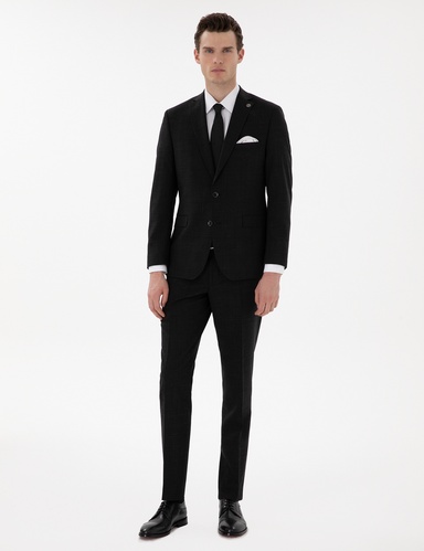 Siyah Slim Fit Yün Keten Karışımlı Takım Elbise