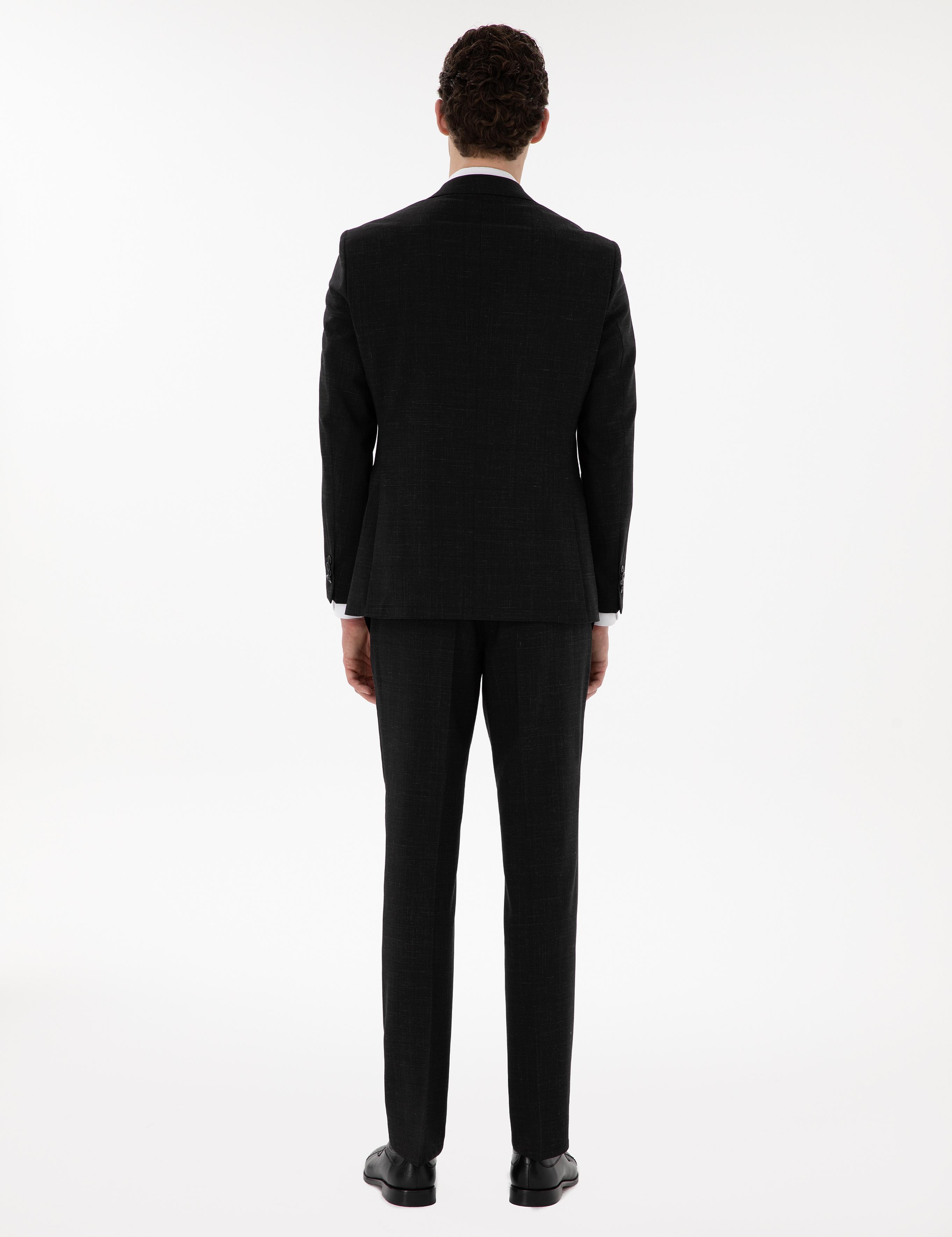 Siyah Slim Fit Yün Keten Karışımlı Takım Elbise