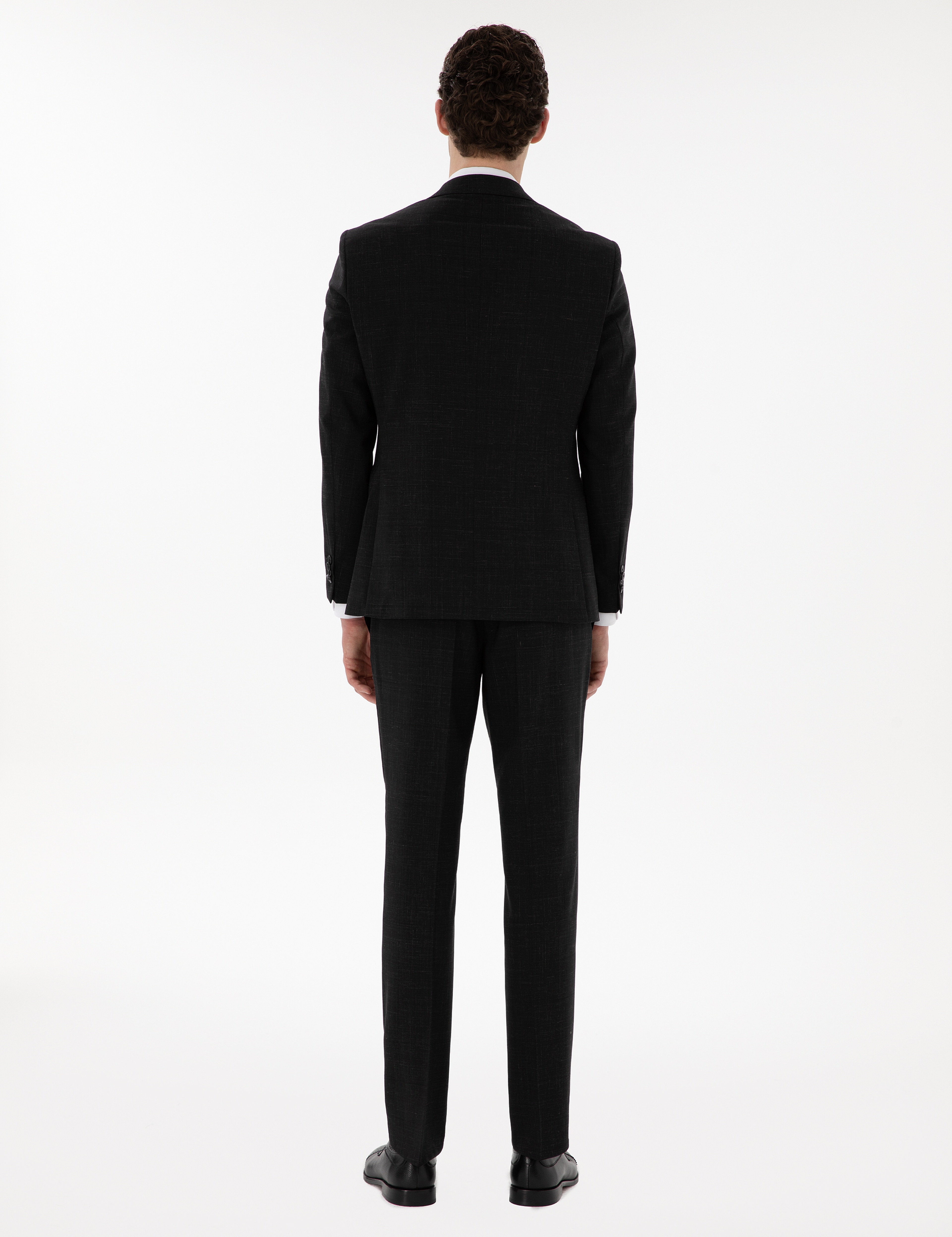 Siyah Slim Fit Yün Keten Karışımlı Takım Elbise - Image 5