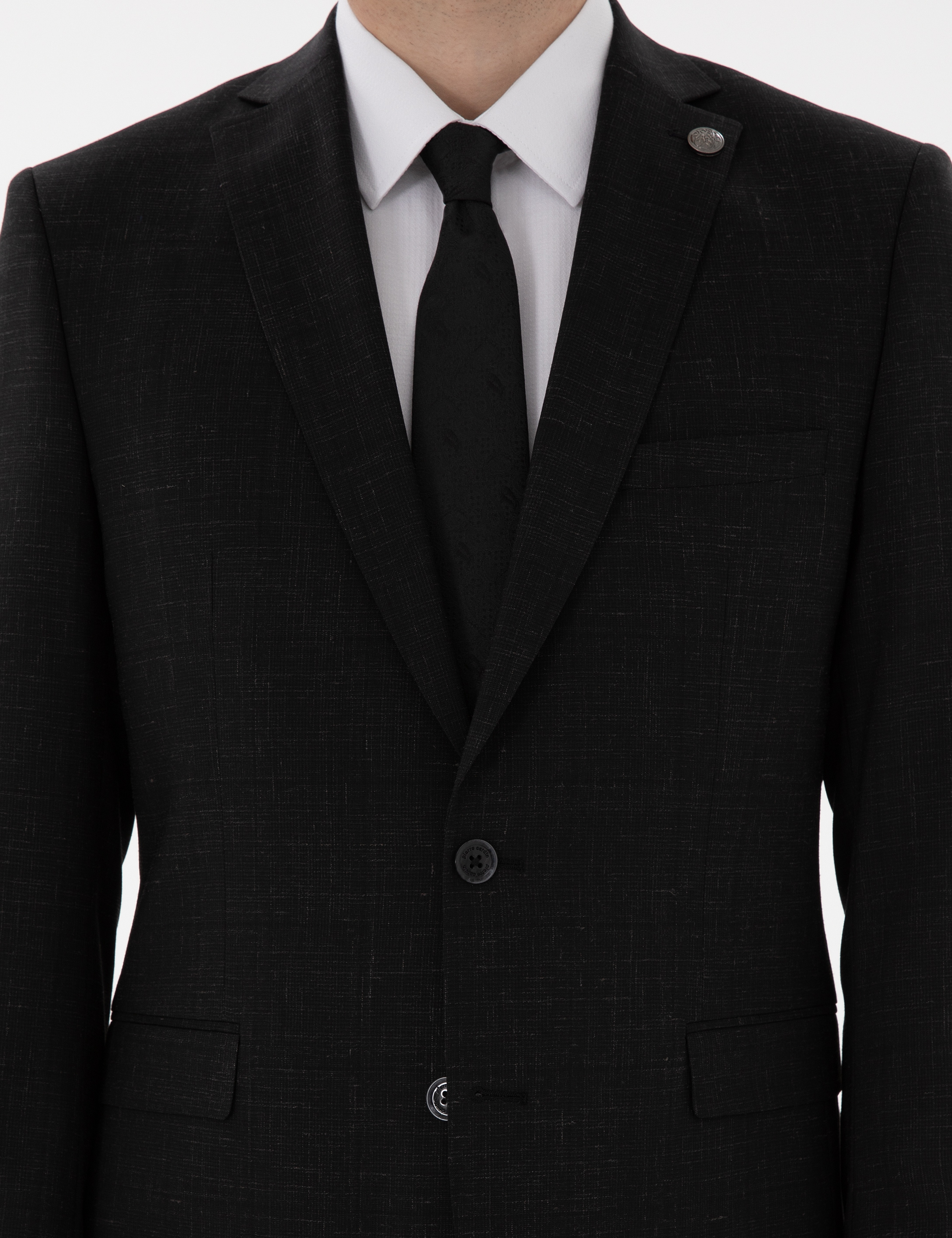 Siyah Slim Fit Yün Keten Karışımlı Takım Elbise