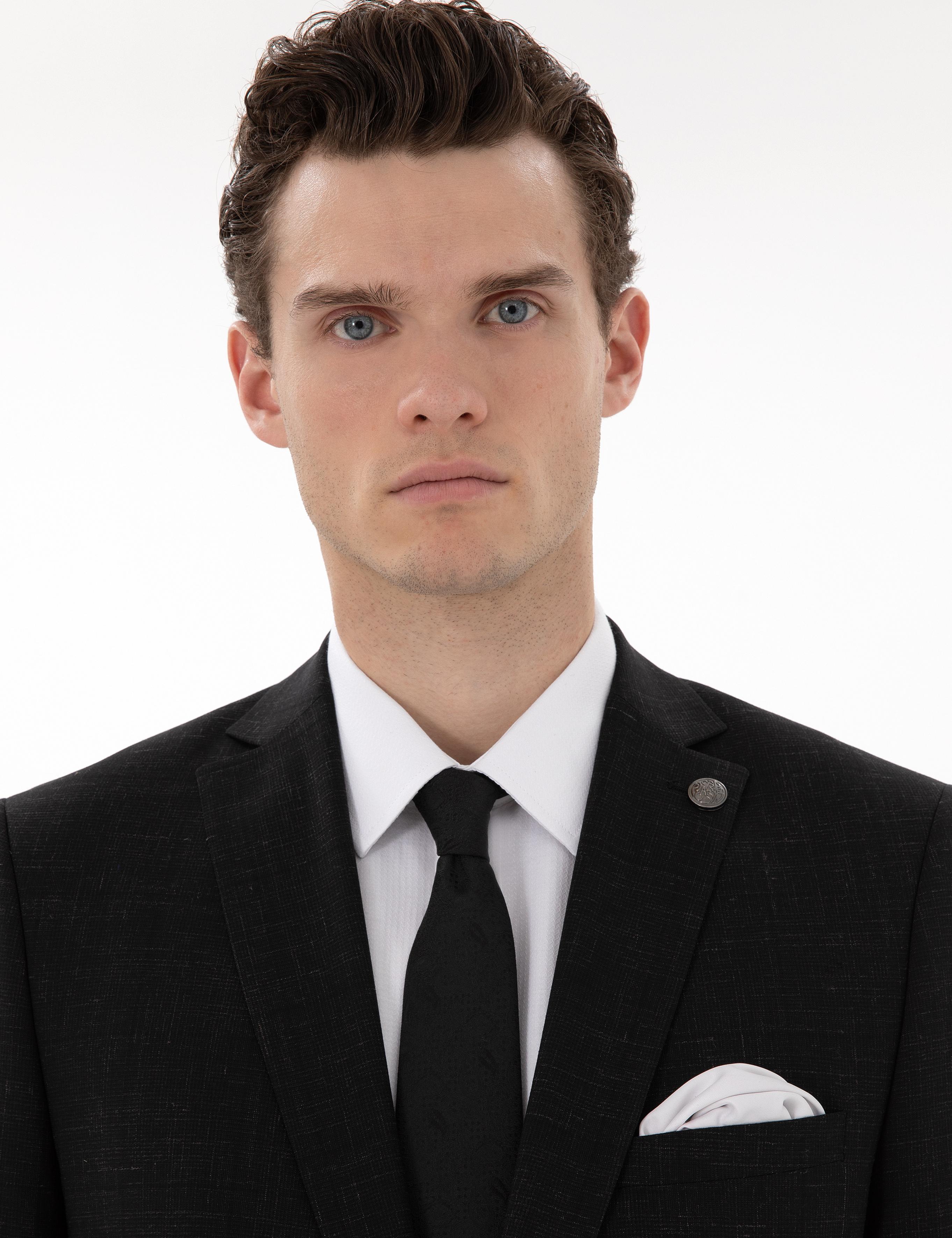 Siyah Slim Fit Yün Keten Karışımlı Takım Elbise