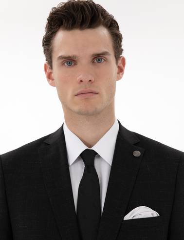Siyah Slim Fit Yün Keten Karışımlı Takım Elbise