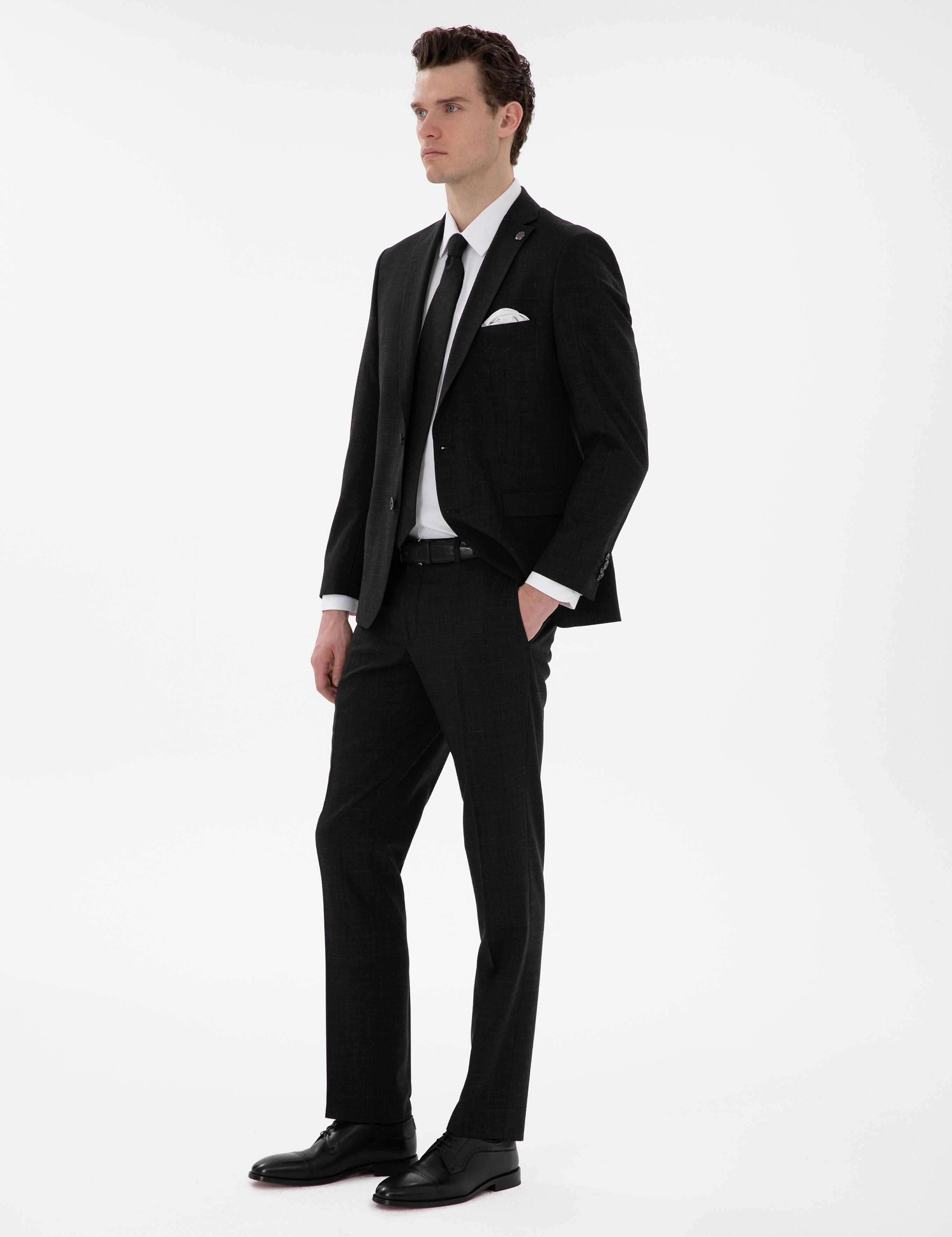 Siyah Slim Fit Yün Keten Karışımlı Takım Elbise