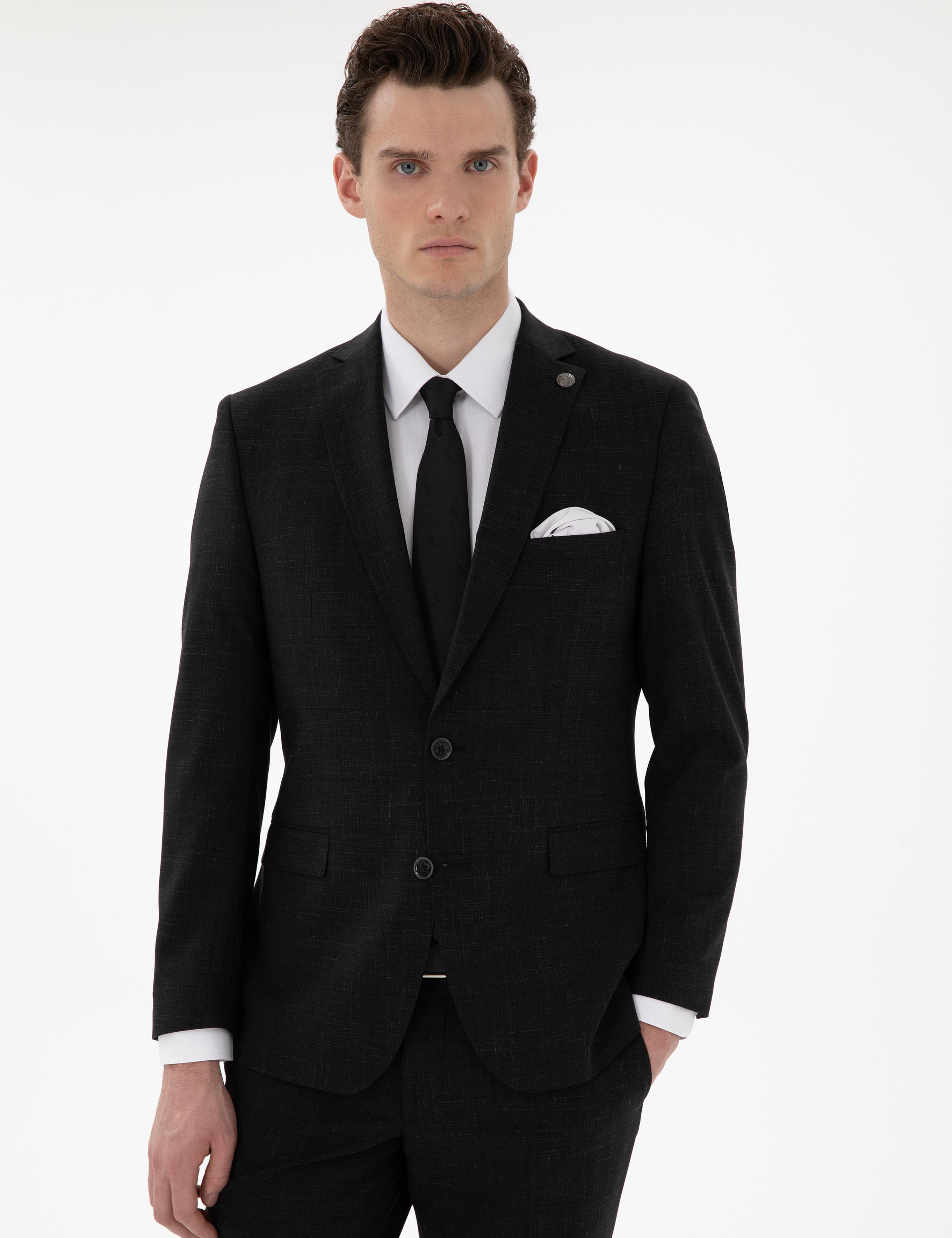 Siyah Slim Fit Yün Keten Karışımlı Takım Elbise