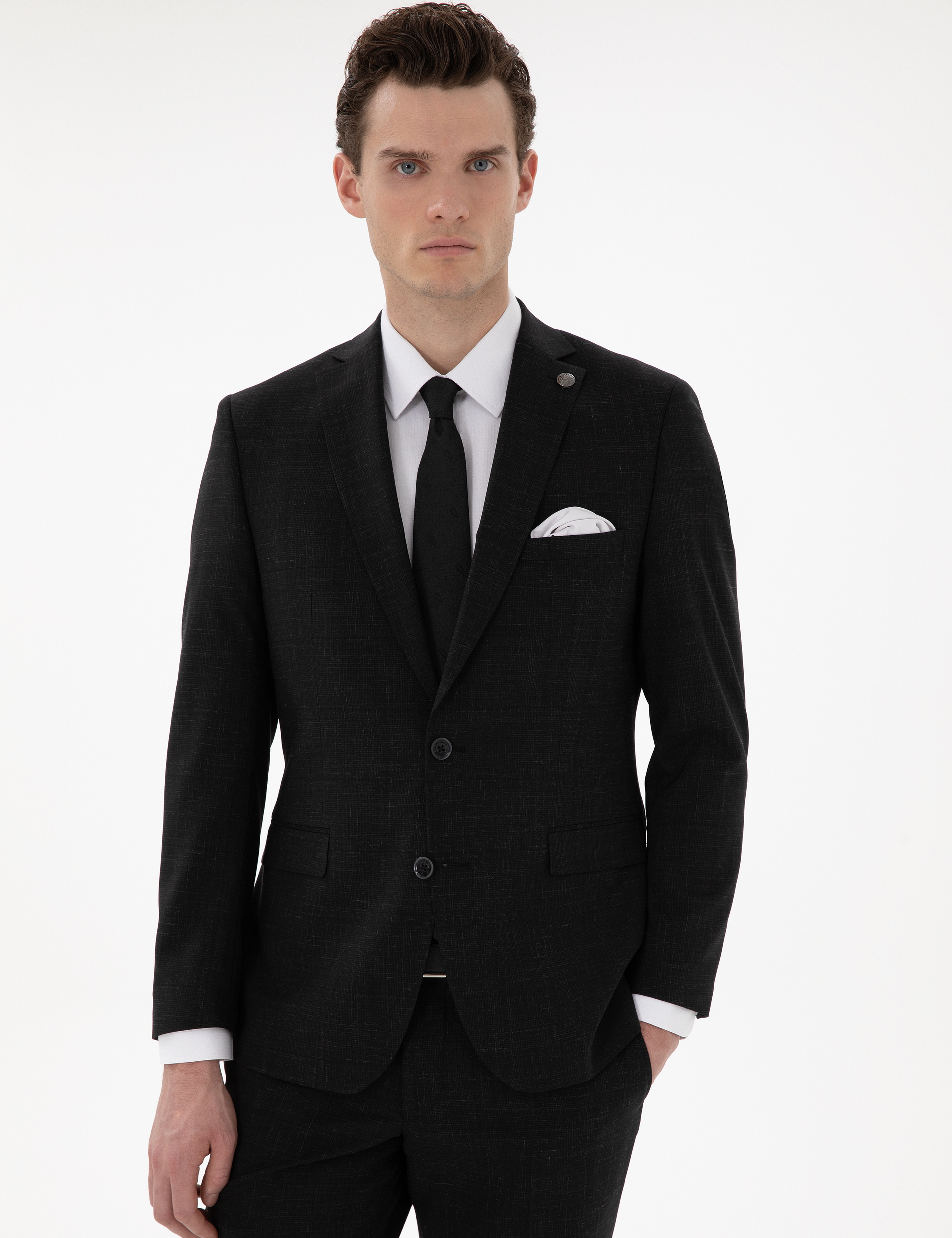 Siyah Slim Fit Yün Keten Karışımlı Takım Elbise