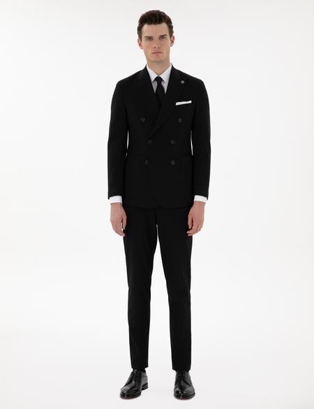 Siyah Ex. Slim Fit Kruvaze Çizgili Takım Elbise - 50306672008