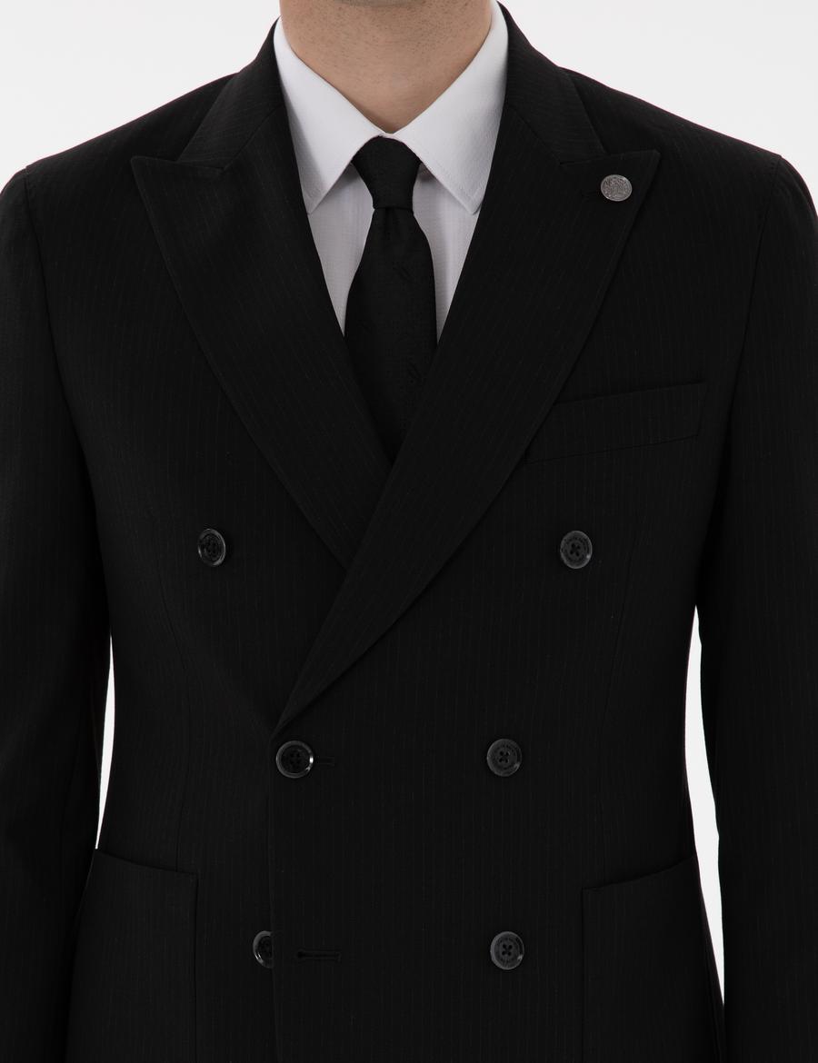 Siyah Ex. Slim Fit Kruvaze Çizgili Takım Elbise