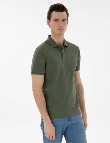 Haki Slim Fit Kıvrılmaz Polo Yaka Basic Tişört
