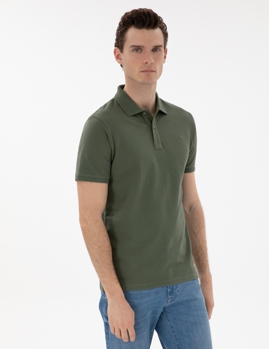 Haki Slim Fit %100 Pamuk Kıvrılmaz Düğmeli Polo Yaka Basic Tişört