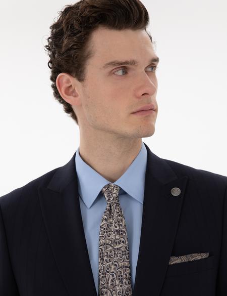 Lacivert Ex. Slim Fit Çizgili Yünlü Takım Elbise - 50302342008