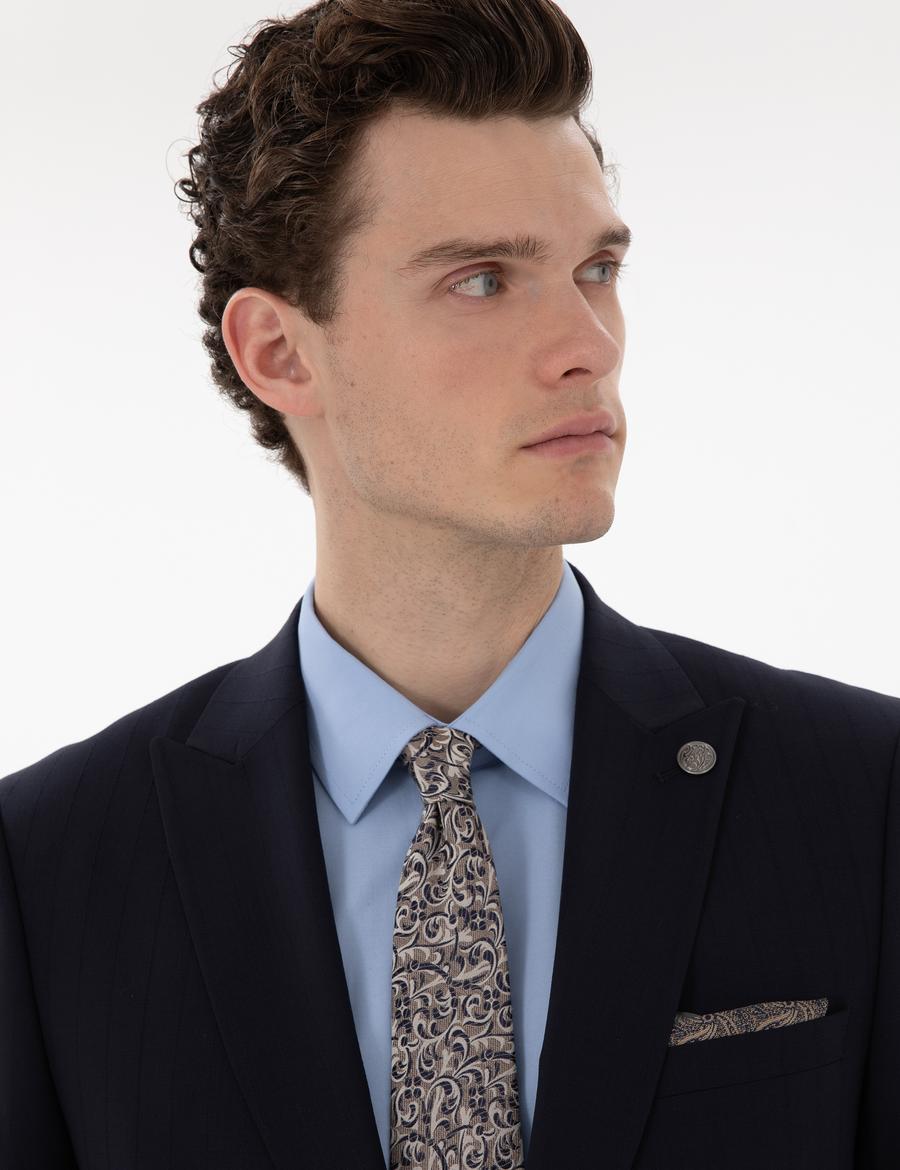 Lacivert Ex. Slim Fit Çizgili Yünlü Takım Elbise