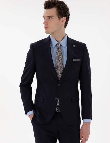 Lacivert Ex. Slim Fit Çizgili Yünlü Takım Elbise