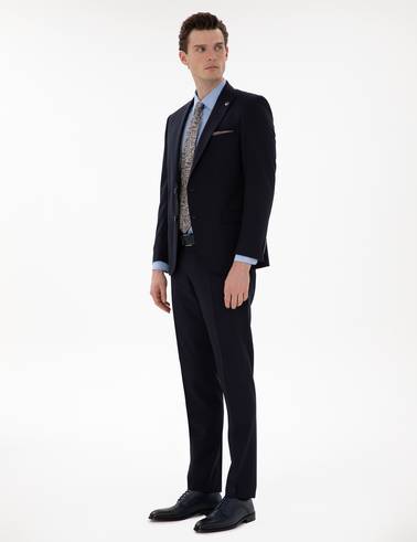 Lacivert Ex. Slim Fit Çizgili Yünlü Takım Elbise