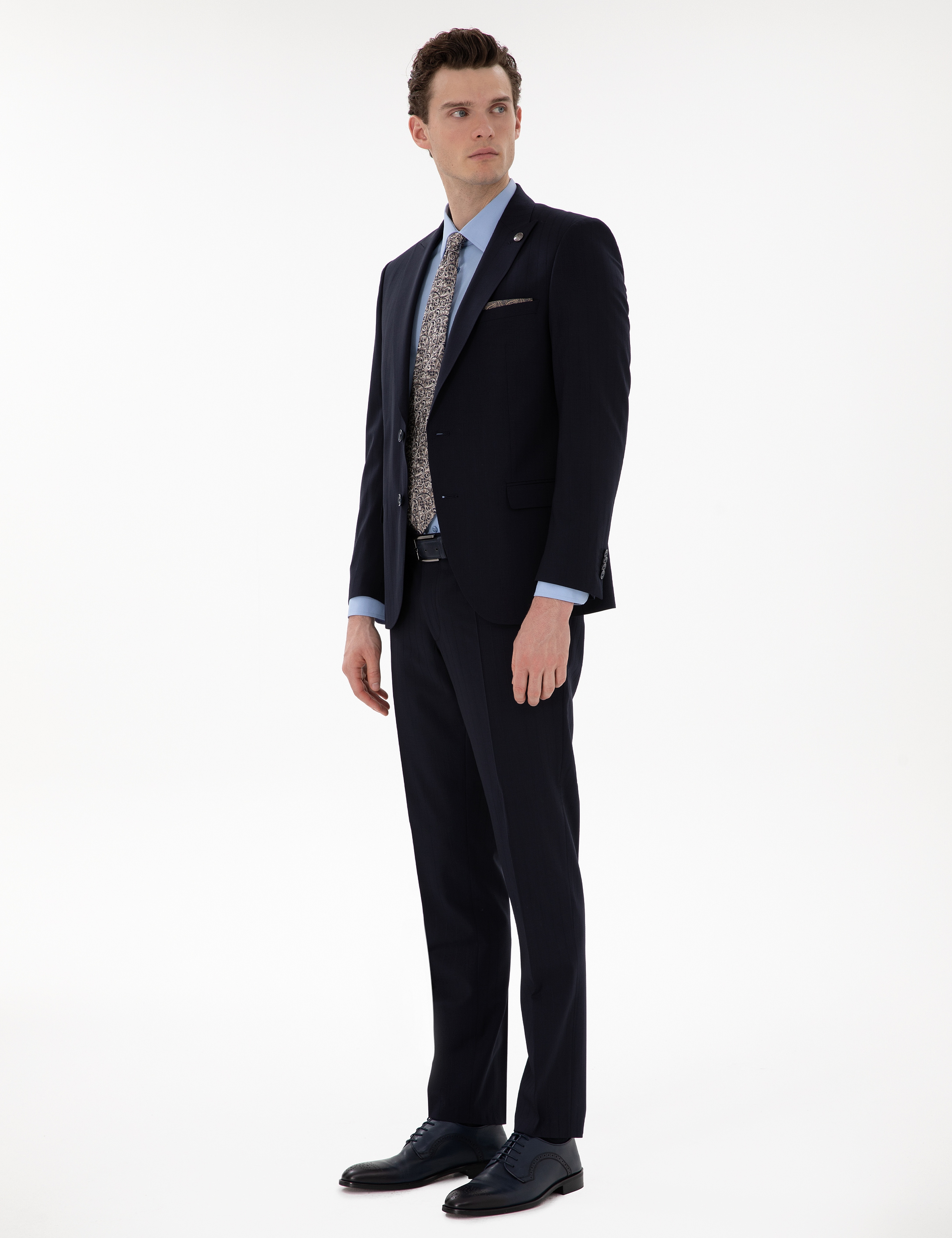 Lacivert Extra Slim Fit Çizgili Yünlü Takım Elbise