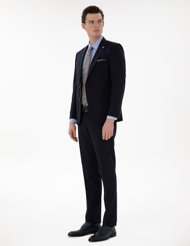 Lacivert Extra Slim Fit Çizgili Yünlü Takım Elbise