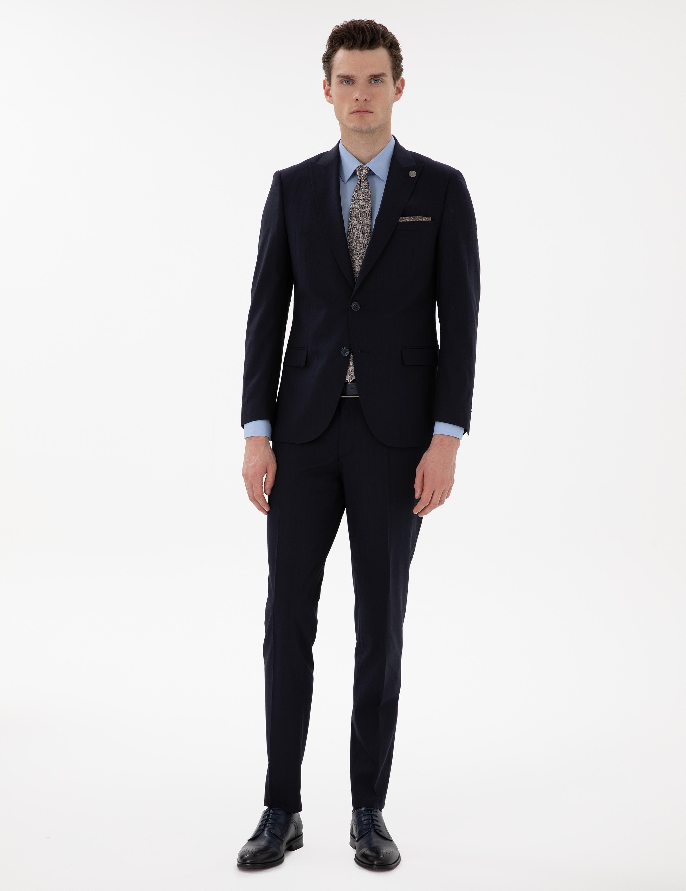 Lacivert Ex. Slim Fit Çizgili Yünlü Takım Elbise