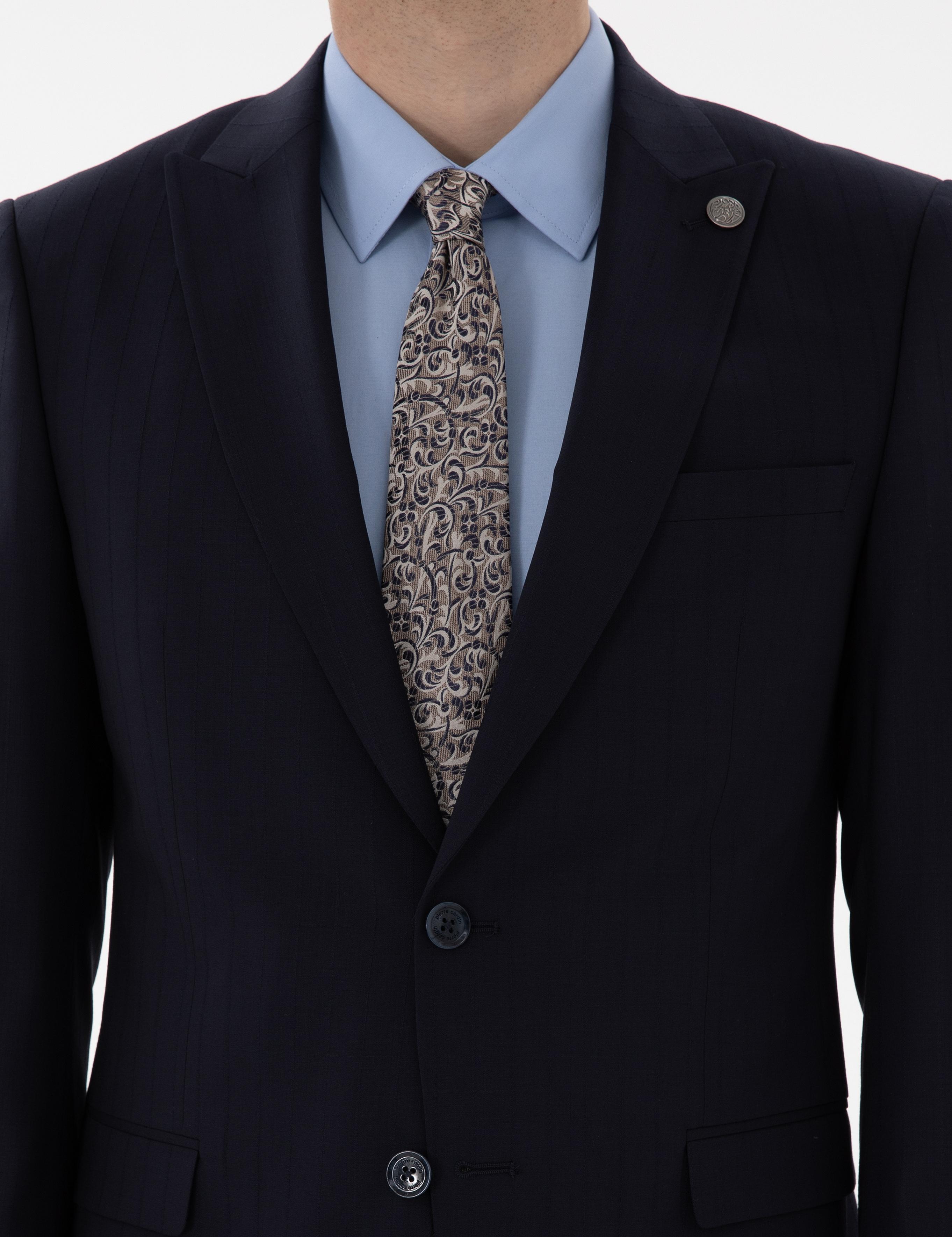 Lacivert Ex. Slim Fit Çizgili Yünlü Takım Elbise