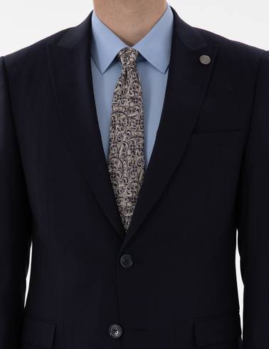 Lacivert Ex. Slim Fit Çizgili Yünlü Takım Elbise