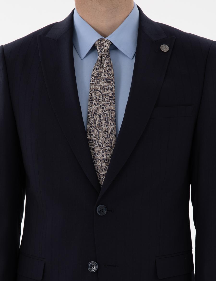 Lacivert Ex. Slim Fit Çizgili Yünlü Takım Elbise