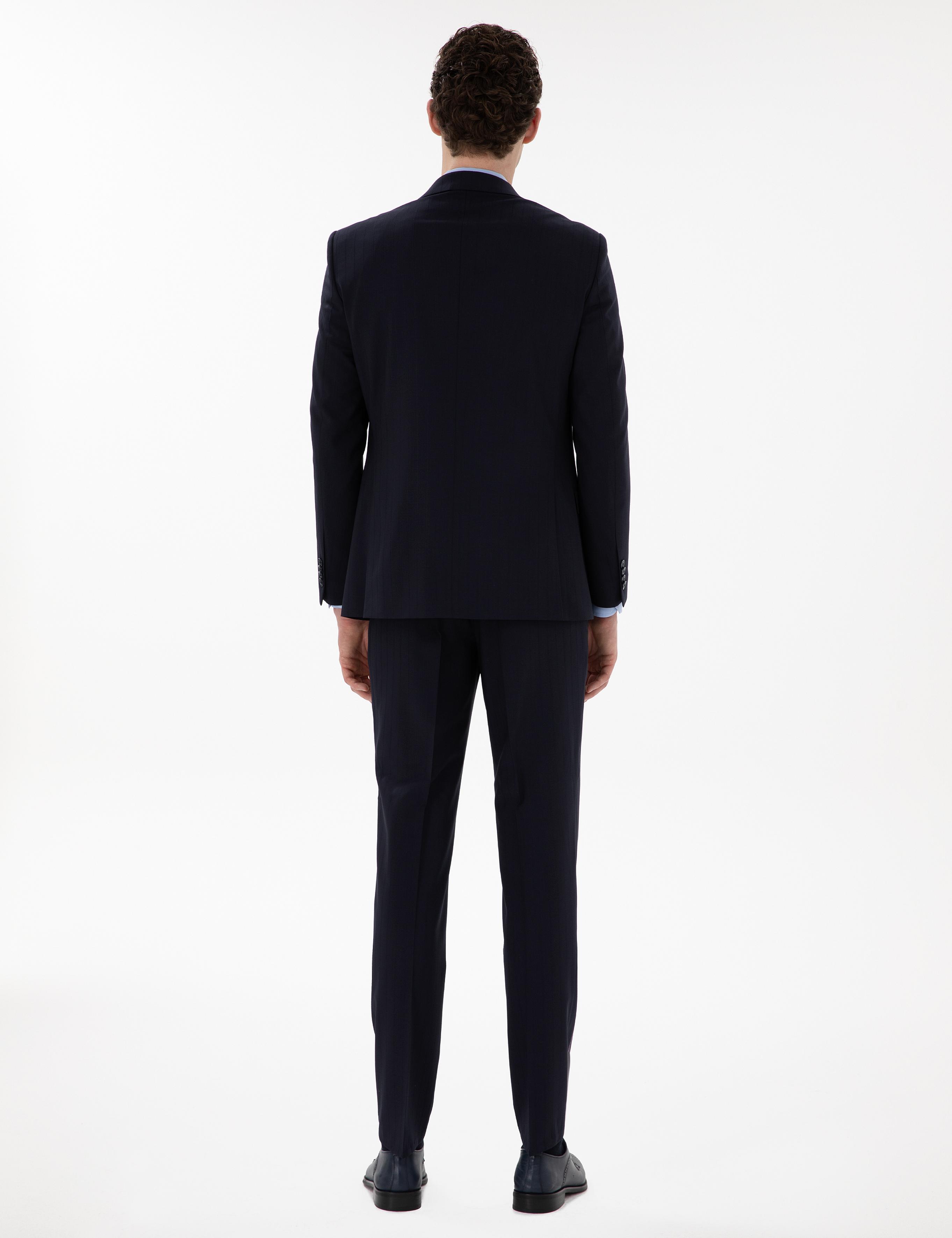 Lacivert Ex. Slim Fit Çizgili Yünlü Takım Elbise