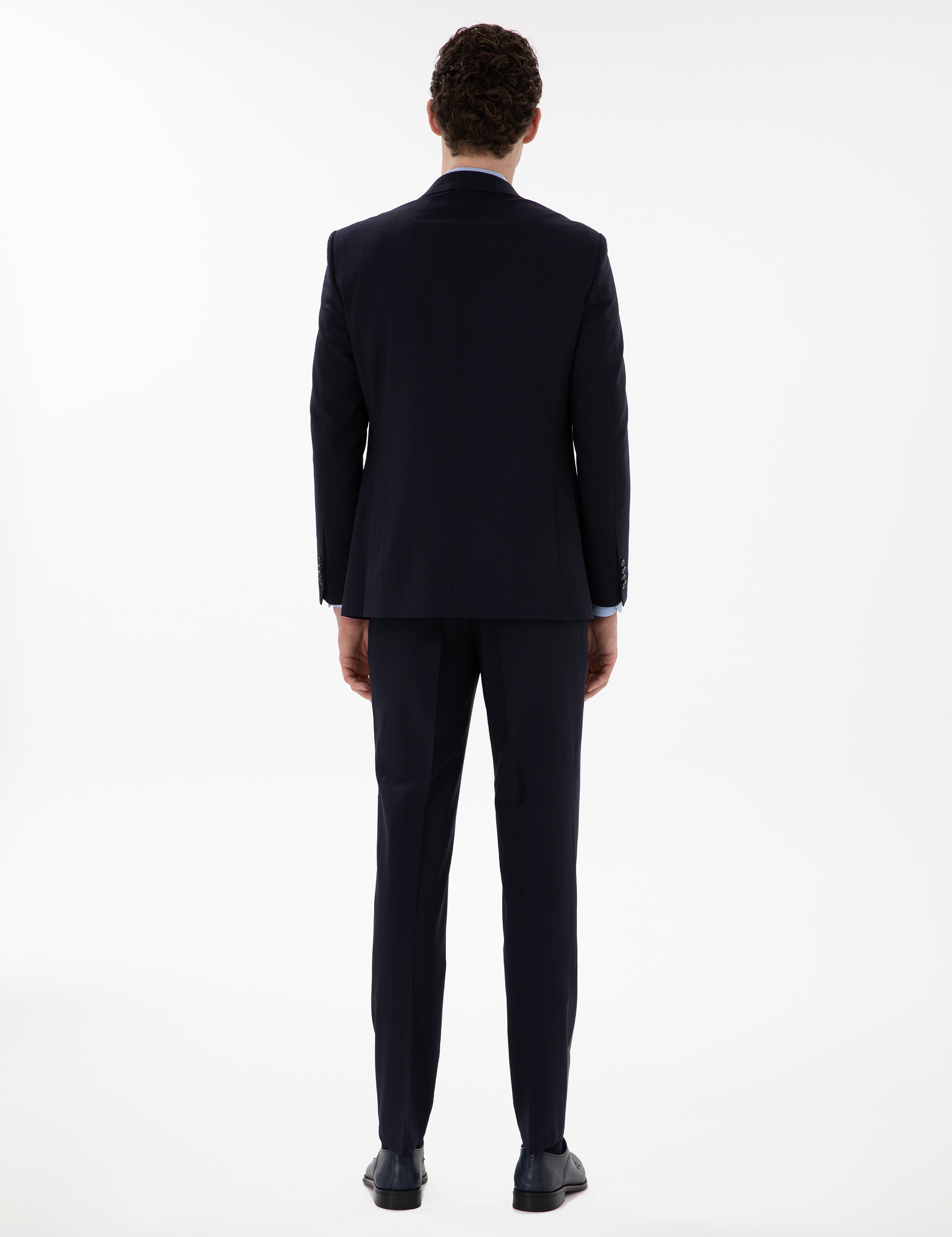 Lacivert Extra Slim Fit Çizgili Yünlü Takım Elbise - Image 5