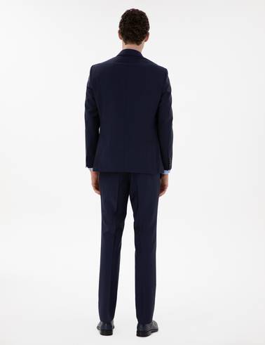Lacivert Slim Fit %100 Yün Ekose Takım Elbise