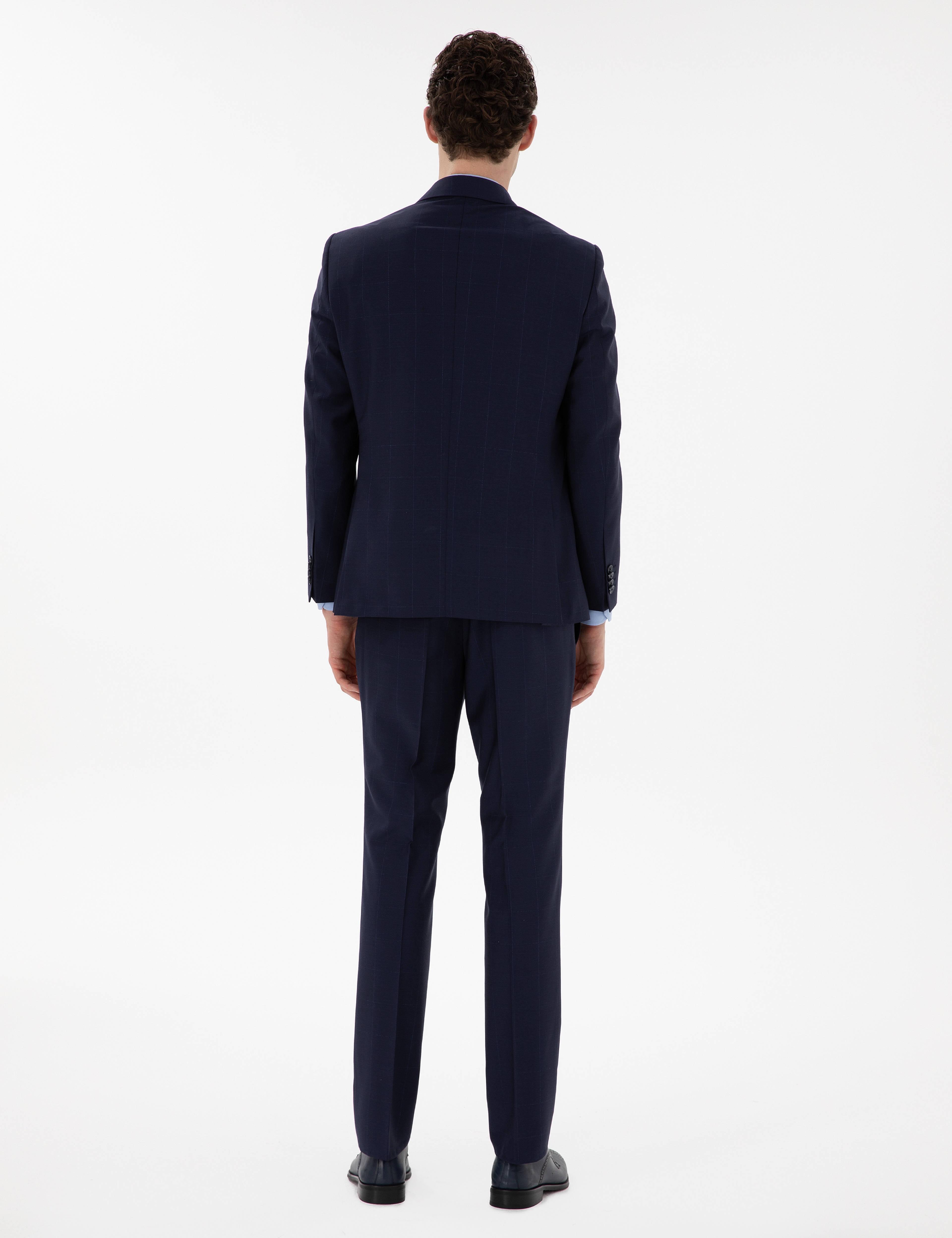 Lacivert Slim Fit %100 Yün Ekose Takım Elbise - Image 5