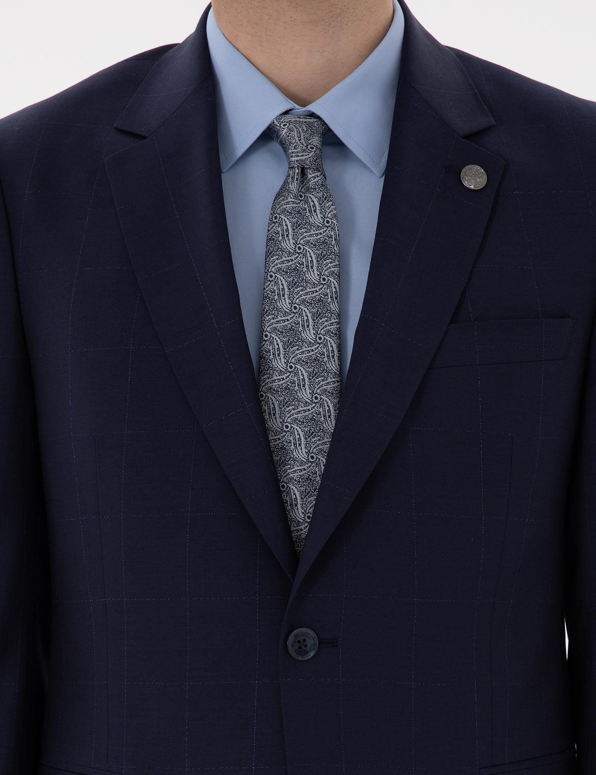 Lacivert Slim Fit %100 Yün Ekose Takım Elbise - 50302241005