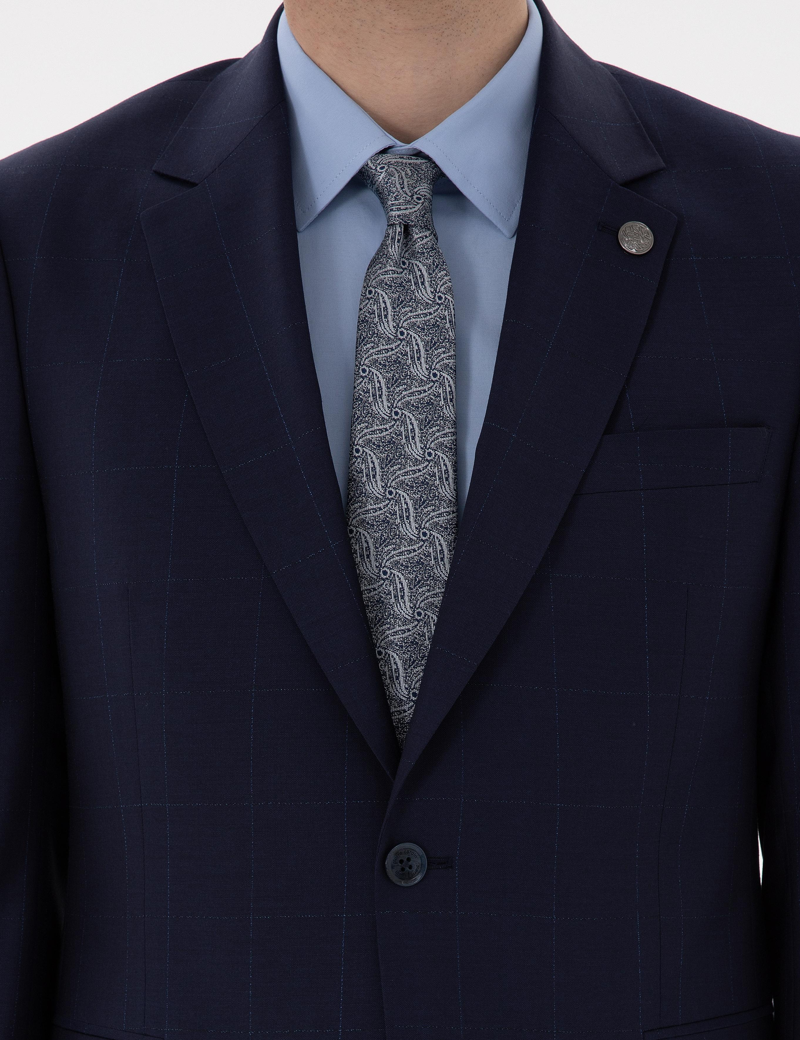 Lacivert Slim Fit %100 Yün Ekose Takım Elbise