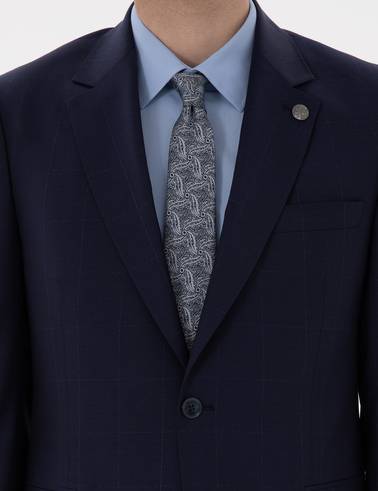 Lacivert Slim Fit %100 Yün Ekose Takım Elbise