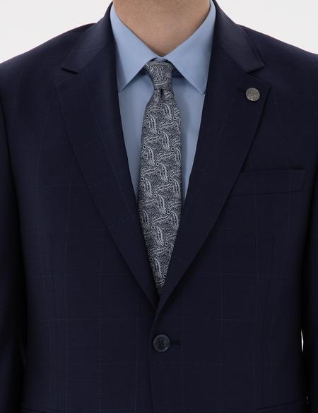 Lacivert Slim Fit %100 Yün Ekose Takım Elbise - 50302241005
