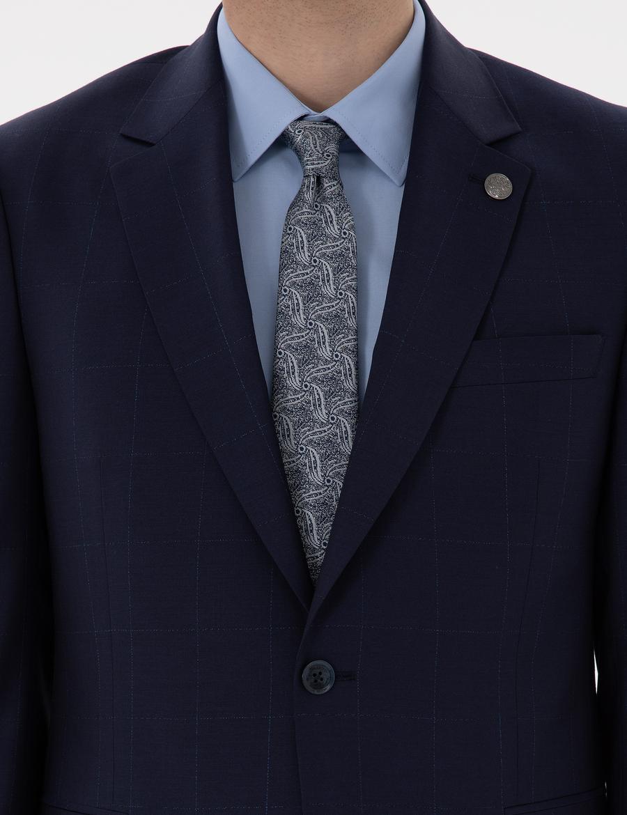 Lacivert Slim Fit %100 Yün Ekose Takım Elbise