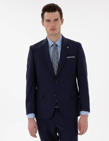 Lacivert Slim Fit %100 Yün Ekose Takım Elbise