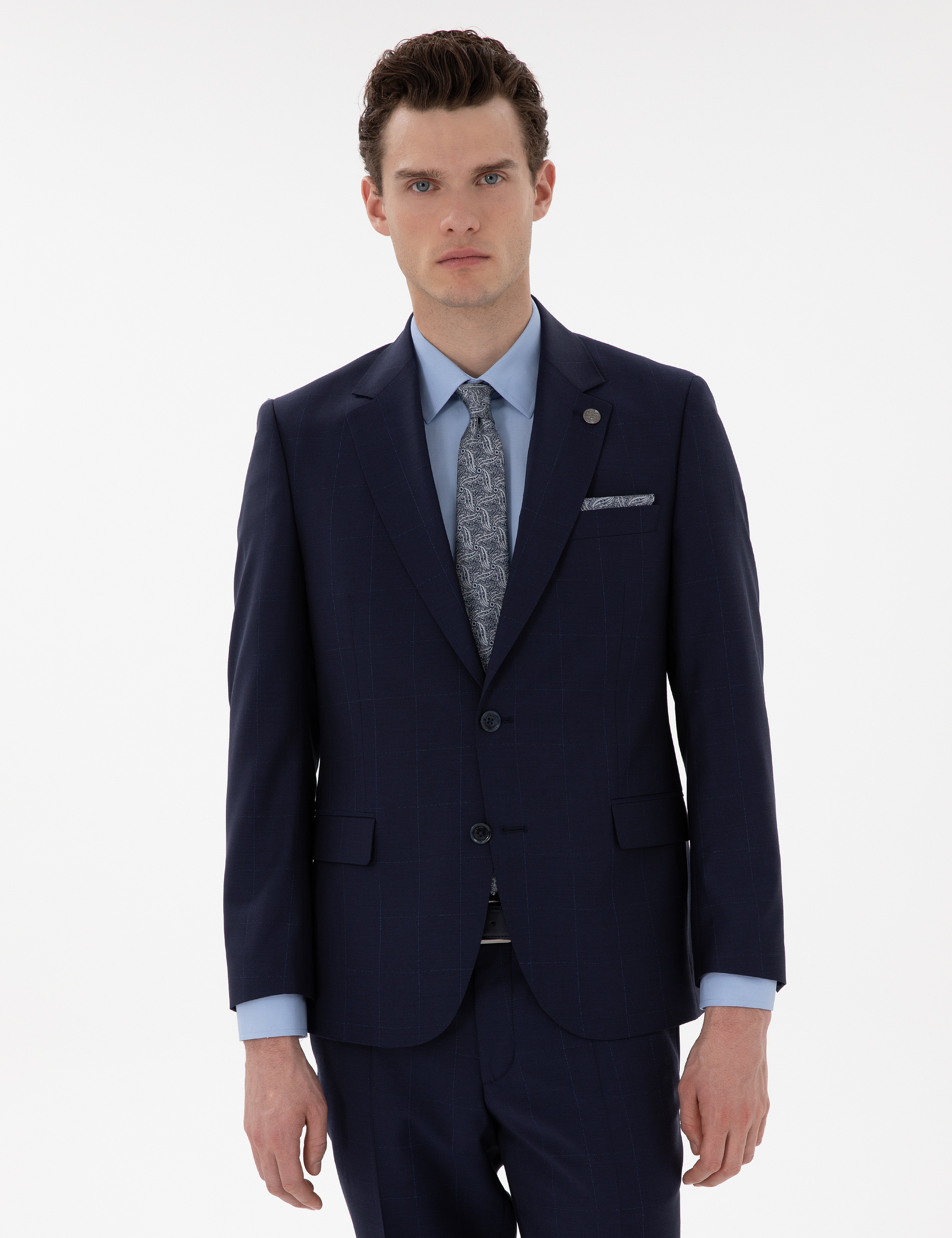 Lacivert Slim Fit %100 Yün Ekose Takım Elbise - Image 2