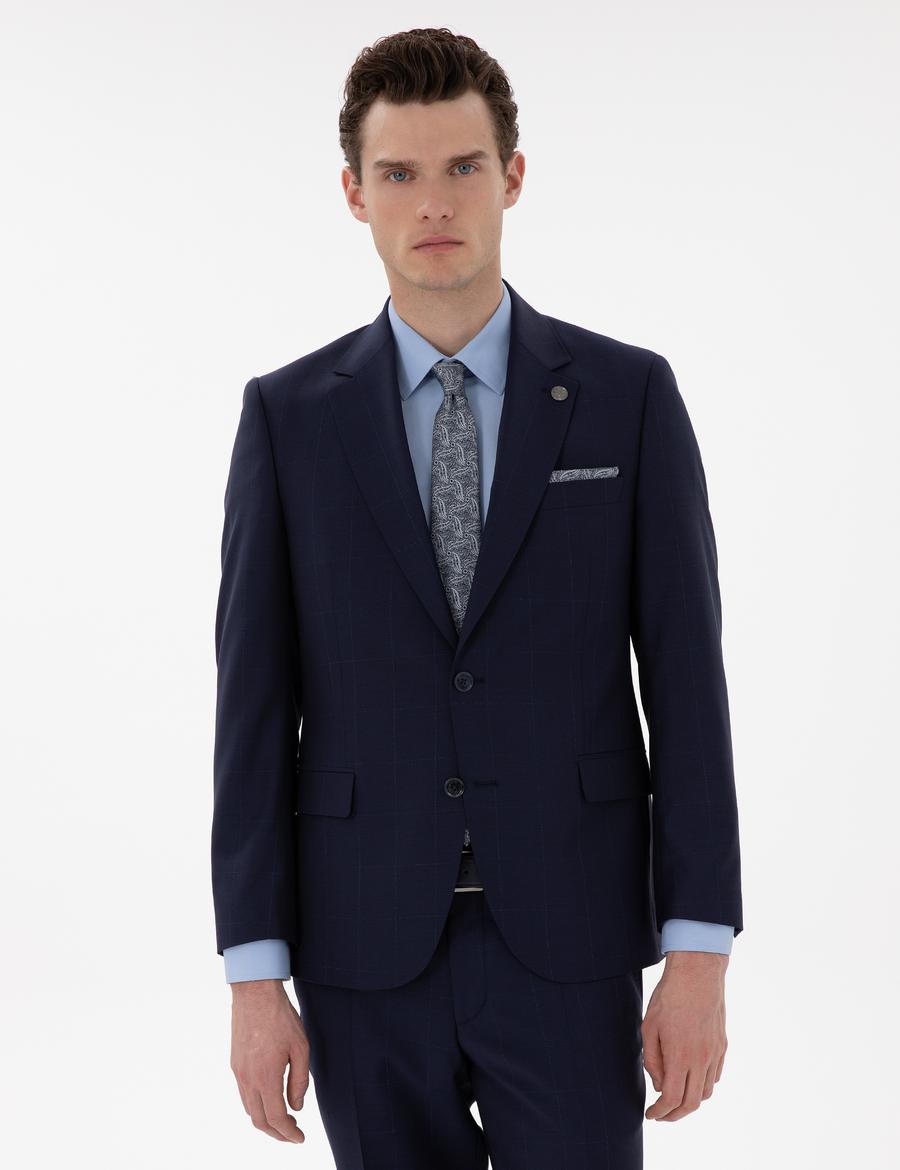 Lacivert Slim Fit %100 Yün Ekose Takım Elbise