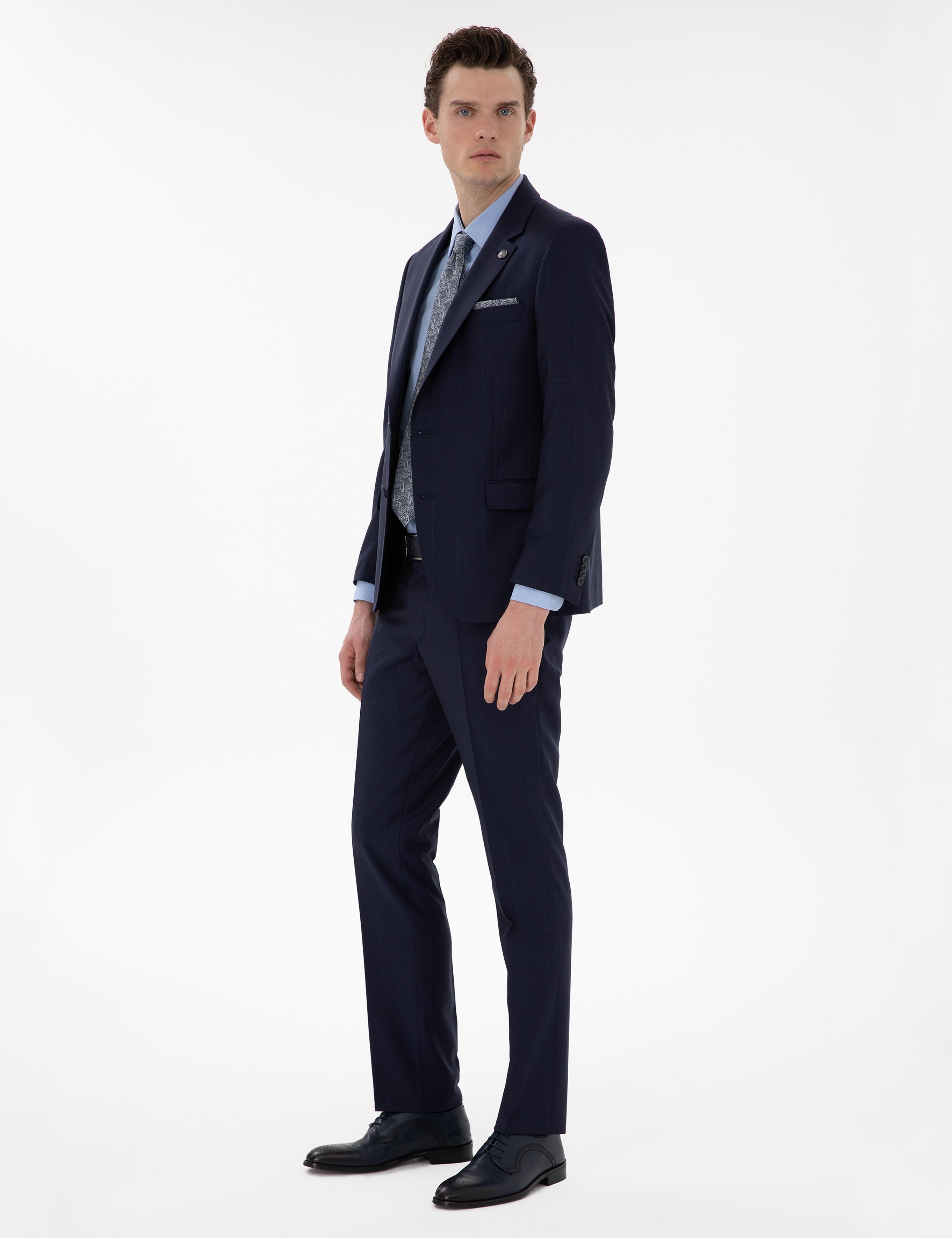 Lacivert Slim Fit %100 Yün Ekose Takım Elbise