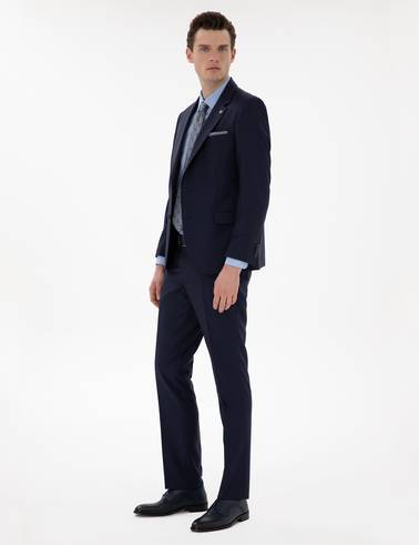 Lacivert Slim Fit %100 Yün Ekose Takım Elbise