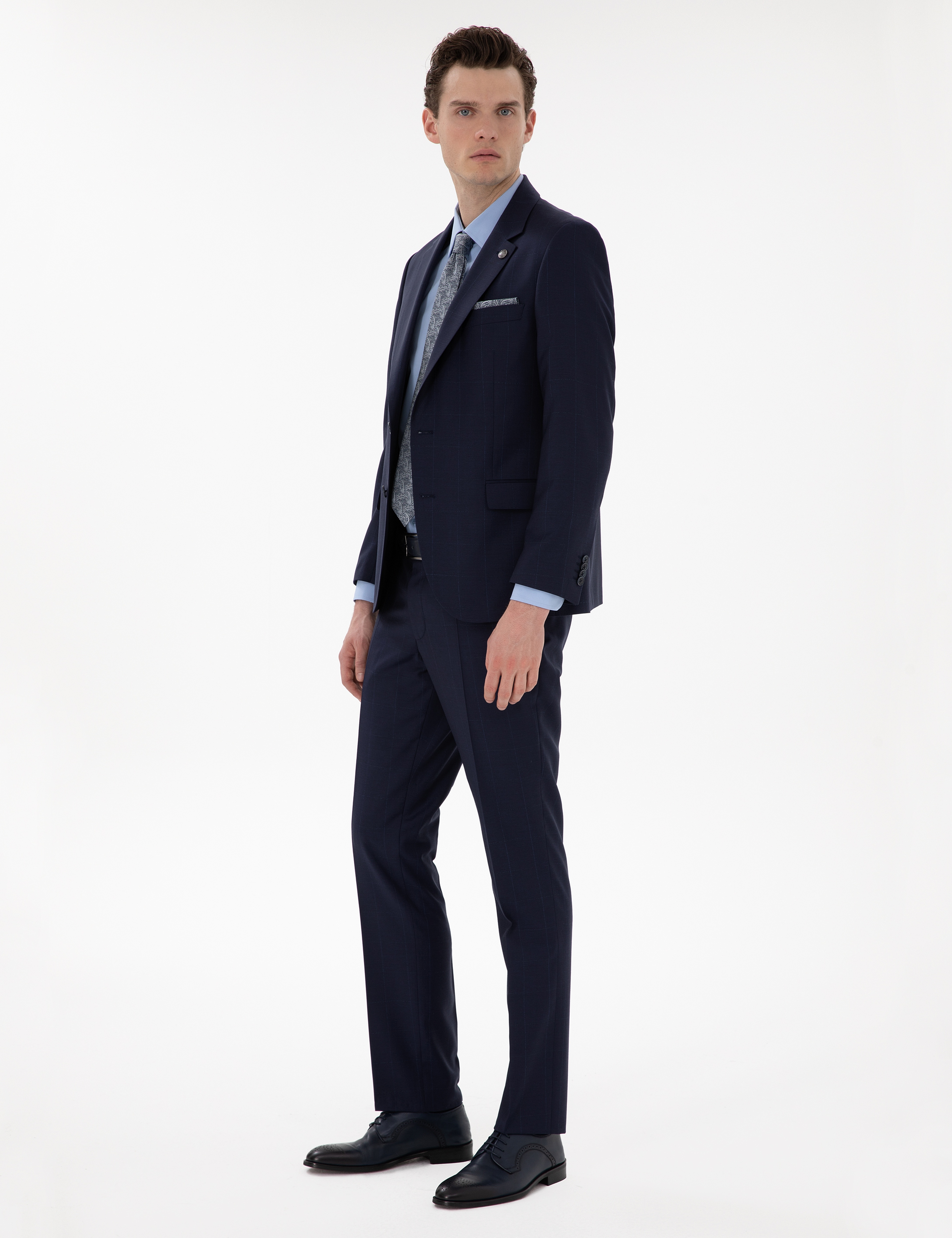 Lacivert Slim Fit %100 Yün Ekose Takım Elbise - Image 4