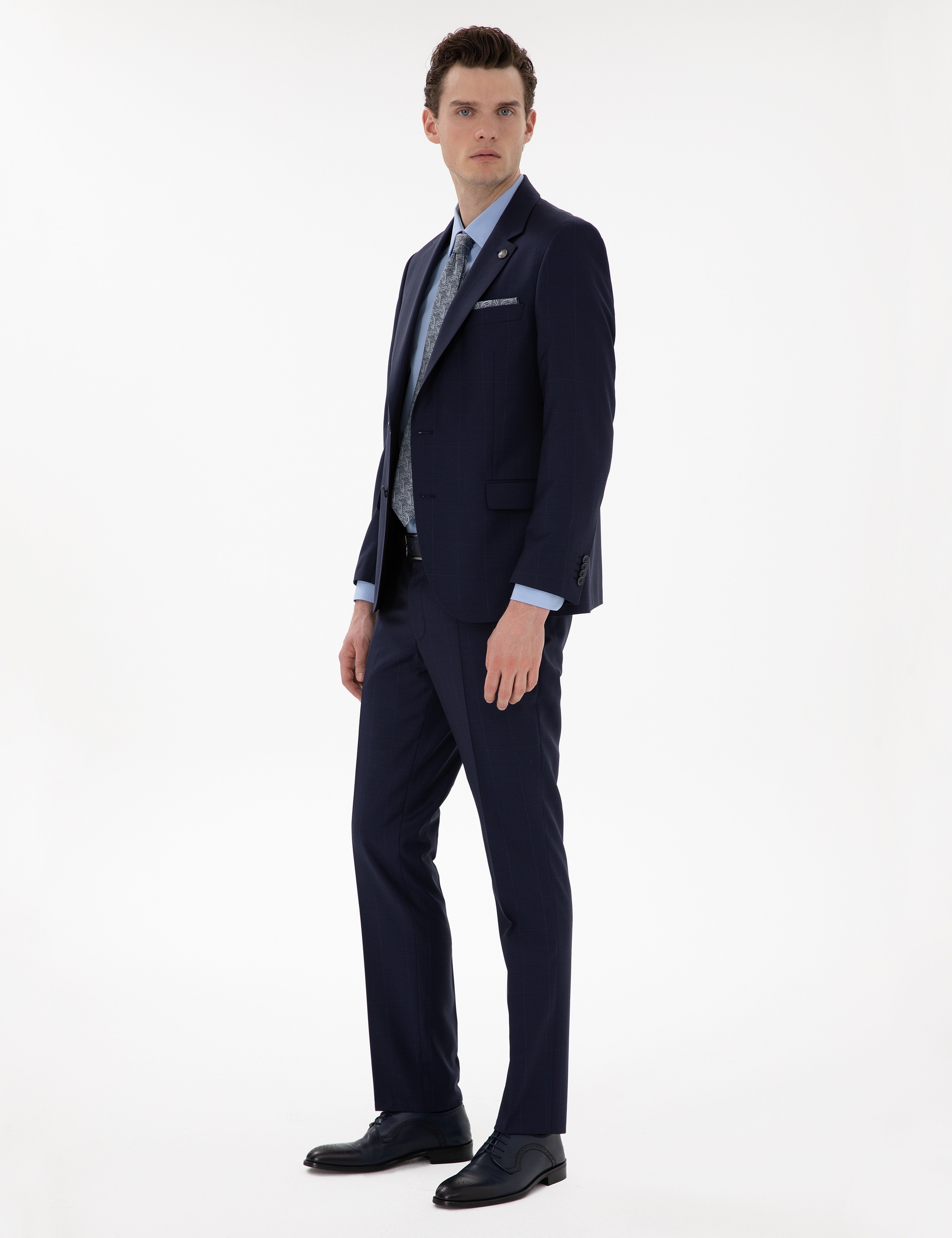 Lacivert Slim Fit %100 Yün Ekose Takım Elbise