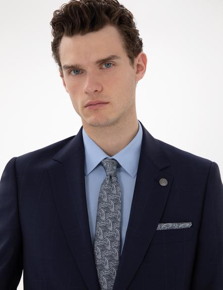 Lacivert Slim Fit %100 Yün Ekose Takım Elbise - 50302241005