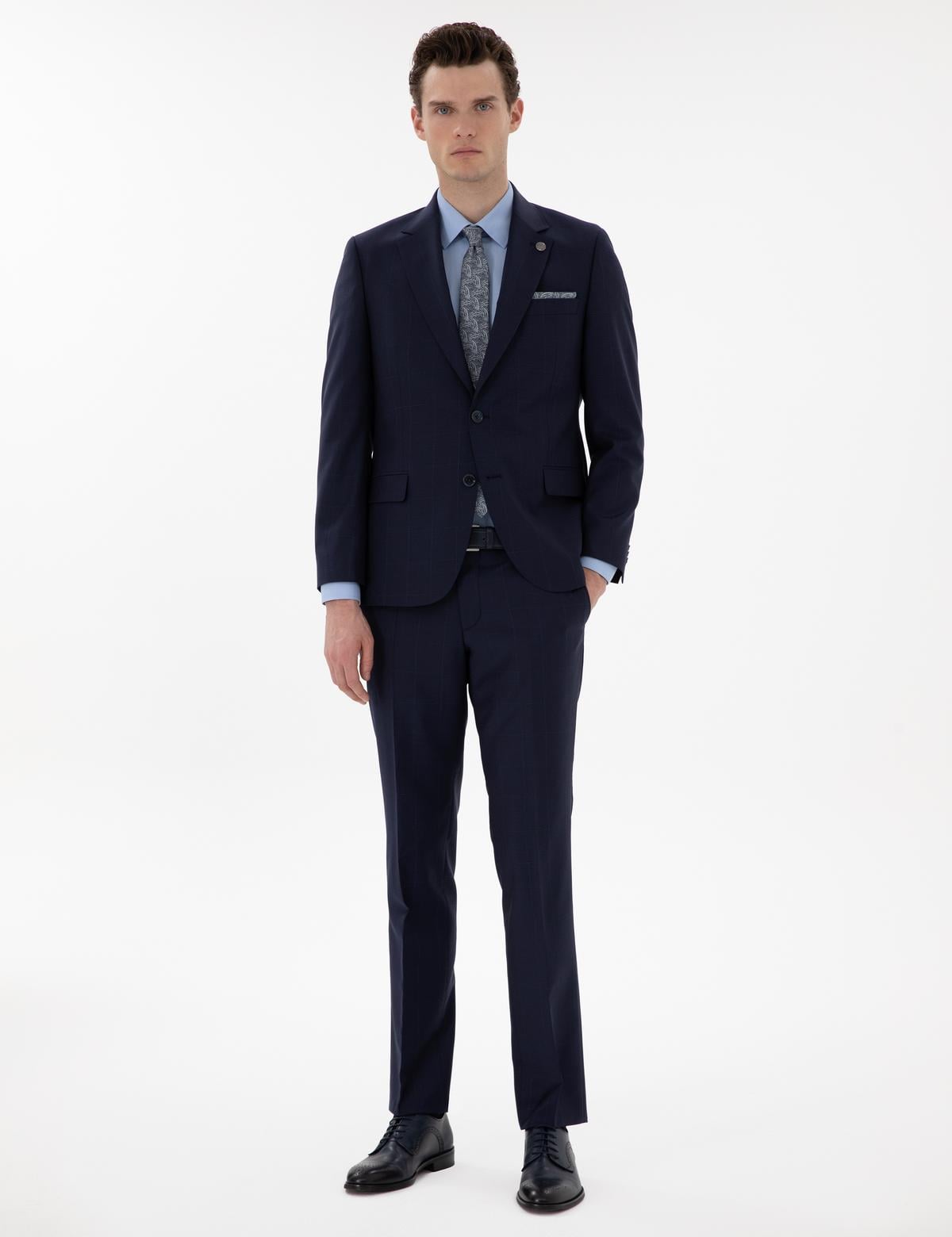 Lacivert Slim Fit %100 Yün Ekose Takım Elbise