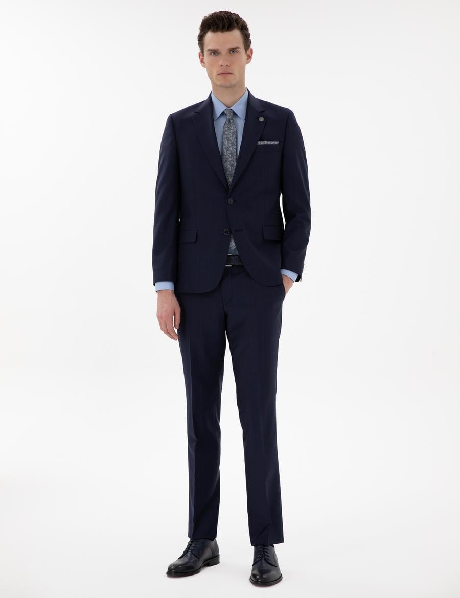 Lacivert Slim Fit %100 Yün Ekose Takım Elbise