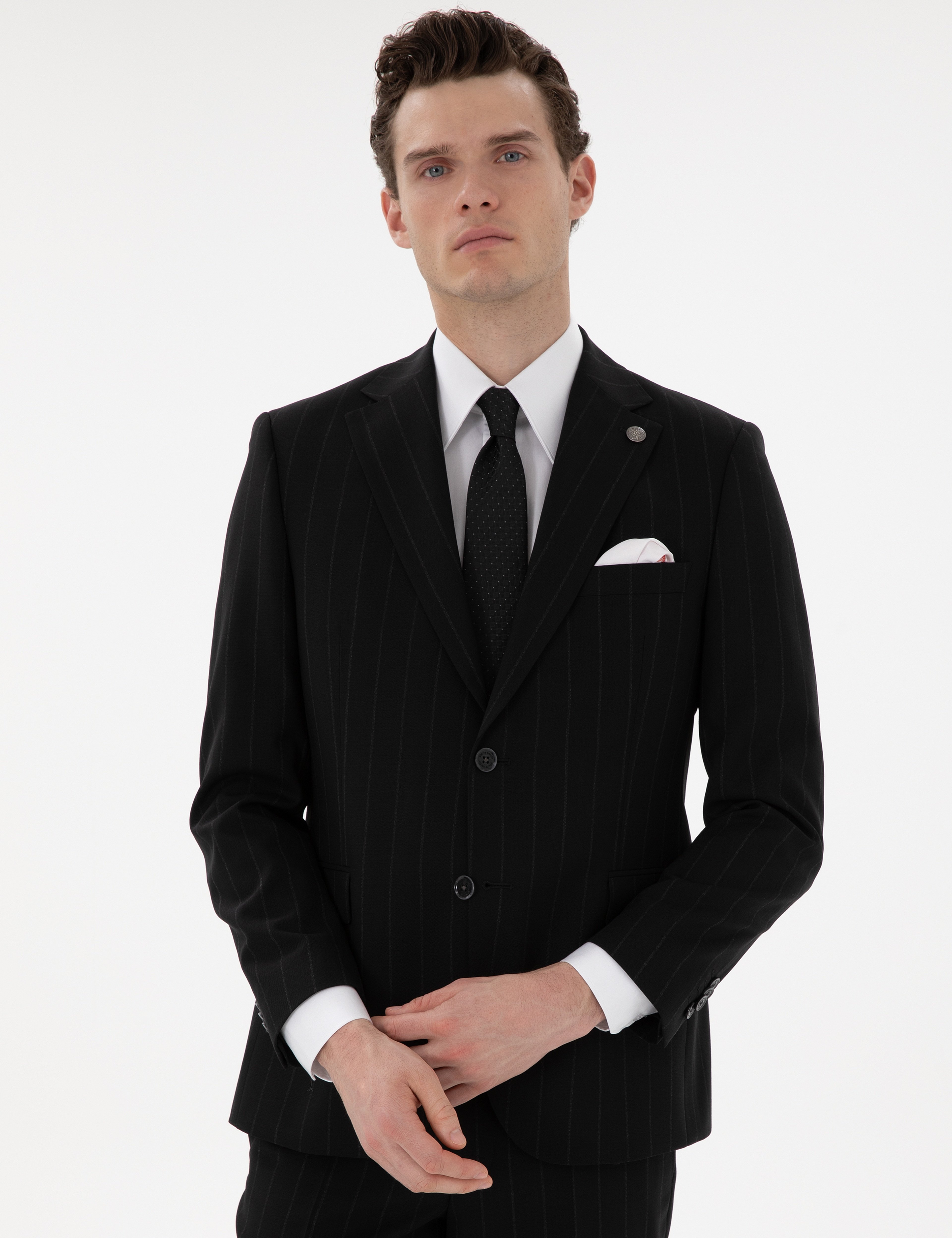 Siyah Slim Fit Çizgili Yün Takım Elbise