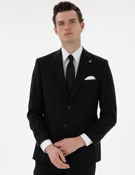 Siyah Slim Fit Çizgili Yün Takım Elbise - 50302430044
