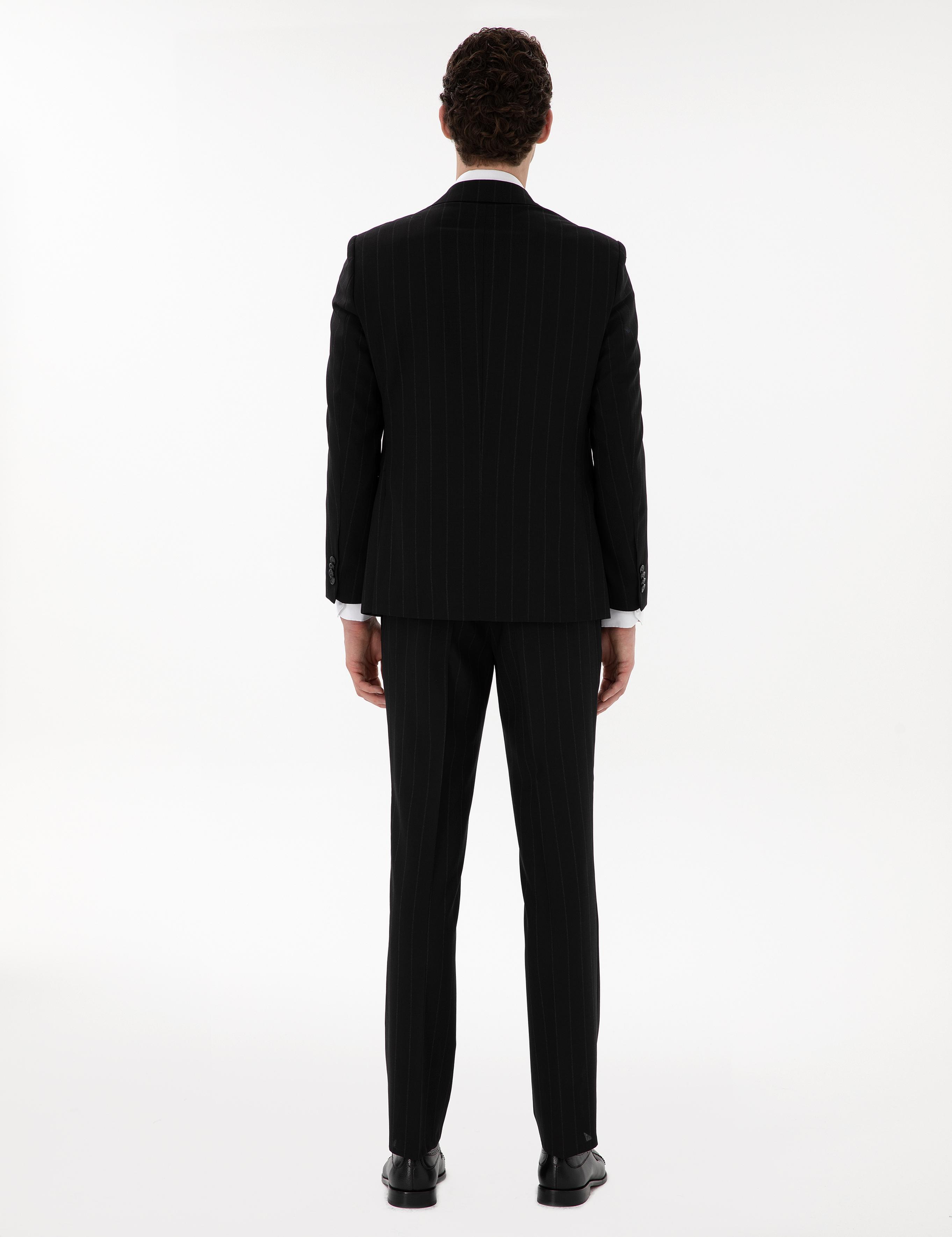 Siyah Slim Fit Çizgili Yün Takım Elbise